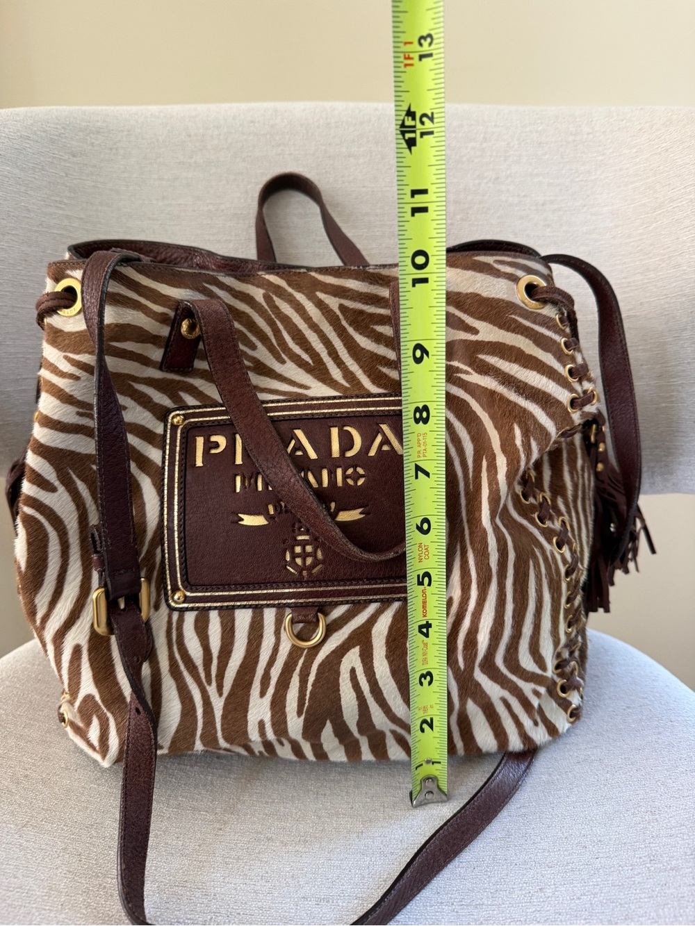 Prada Zebra Pony Hair Calf Hair Leather Tote Shoulder Bag Brown Gold Tassel - Picture 8 of 14